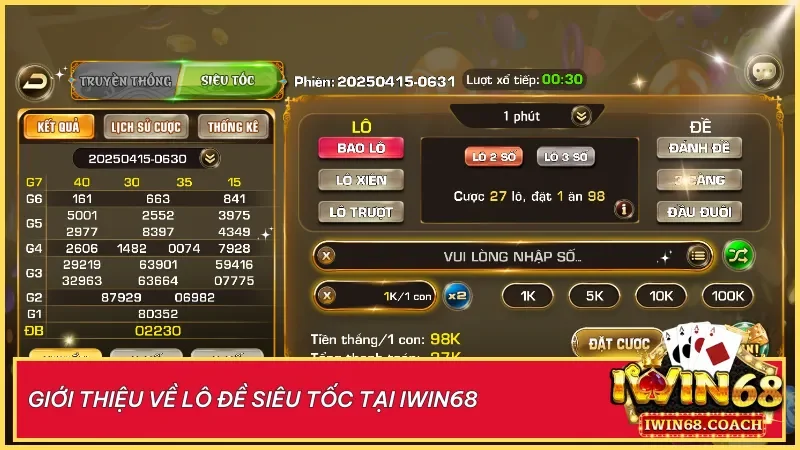 Trải nghiệm lô đề siêu tốc tại Iwin68 chơi nhanh trúng lớn chỉ sau 1 phút 2 Trải nghiệm quay số siêu nhanh mỗi 75 giây mang đến cơ hội trúng lớn liên tục trong ngày.