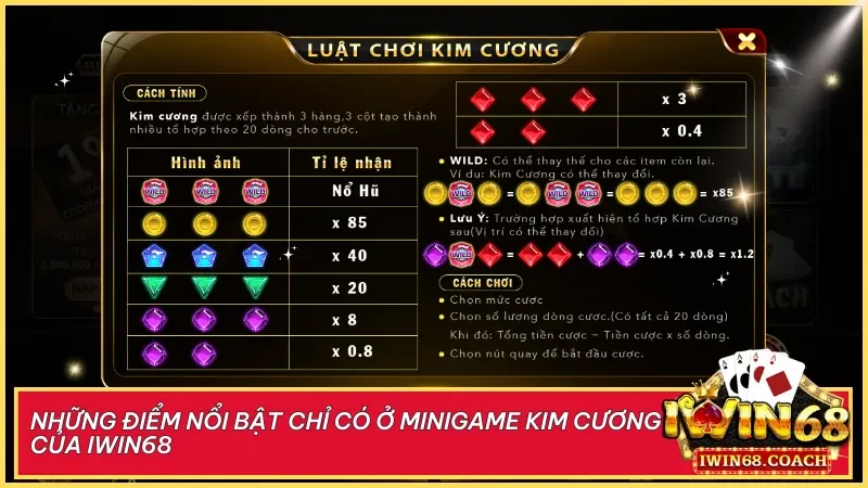 Kim Cương Iwin68 club - Minigame đổi thưởng đơn giản dễ chơi hấp dẫn mọi người 4 Minigame Kim Cương nổi bật với luật chơi dễ hiểu hệ số thưởng rõ ràng và khả năng đổi quà hấp dẫn